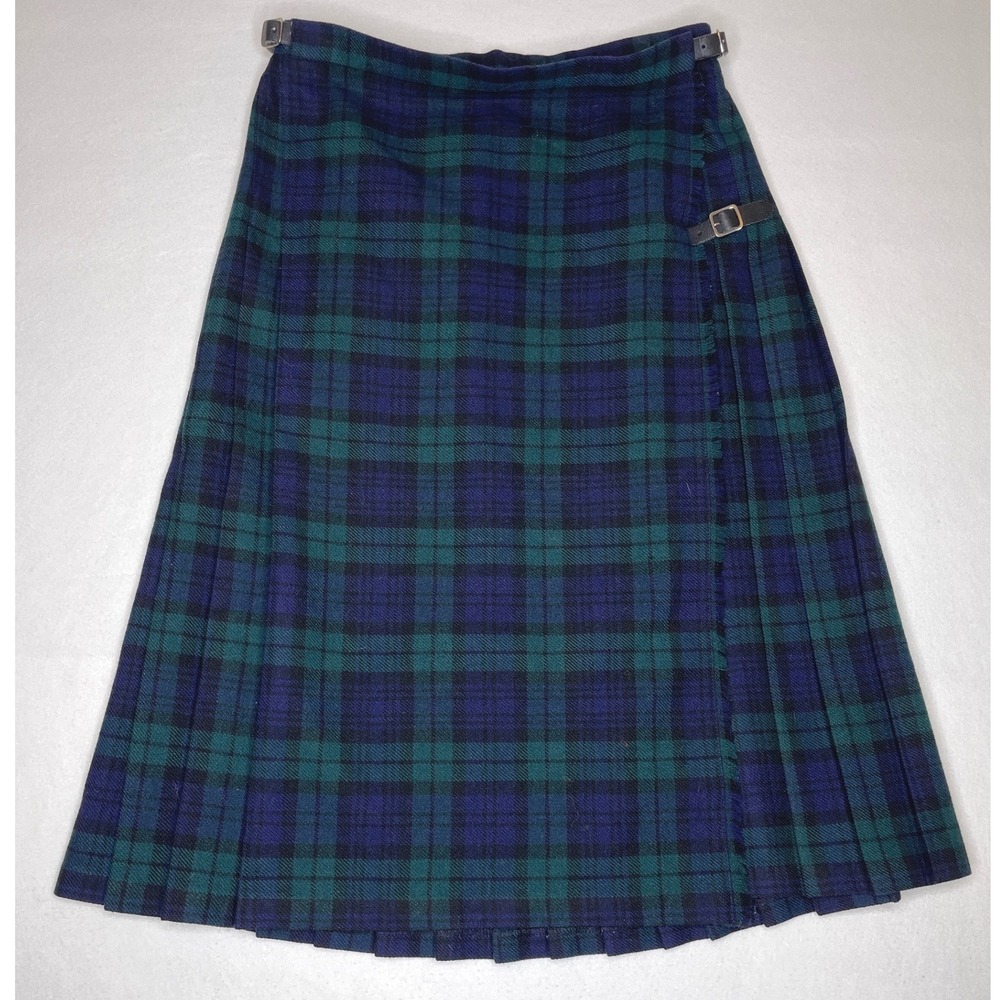 Womens Wool Skirt Kilt Black Watch Plaid Medium Blue Green, English Sports Shop